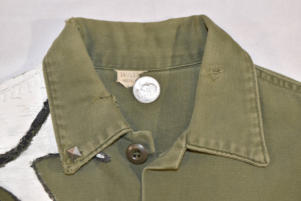 Vintage 70s Hand Painted OG-107 Vietnam Sateen Button Up Shirt Size Medium