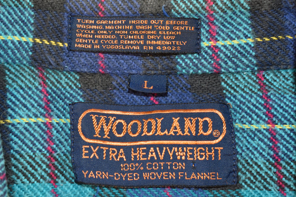 Vintage 80s Woodland Aqua Plaid Flannel Size Large