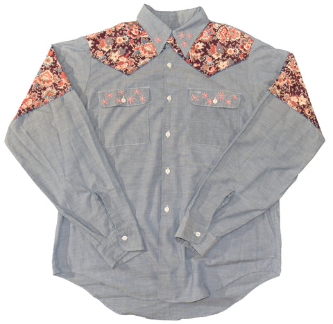 Vintage 70s Floral Embroidered Western Big Mac Chambray Button Up Shirt Size X-Large