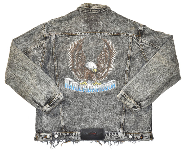 Vintage 1987 Harley Davidson Distressed Black Acid Wash Jean Jacket | Beyond 94