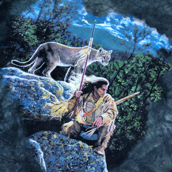 Vintage 90s Native American Mountain Lion Tie Dye Single Stitch Shirt Size X-Large