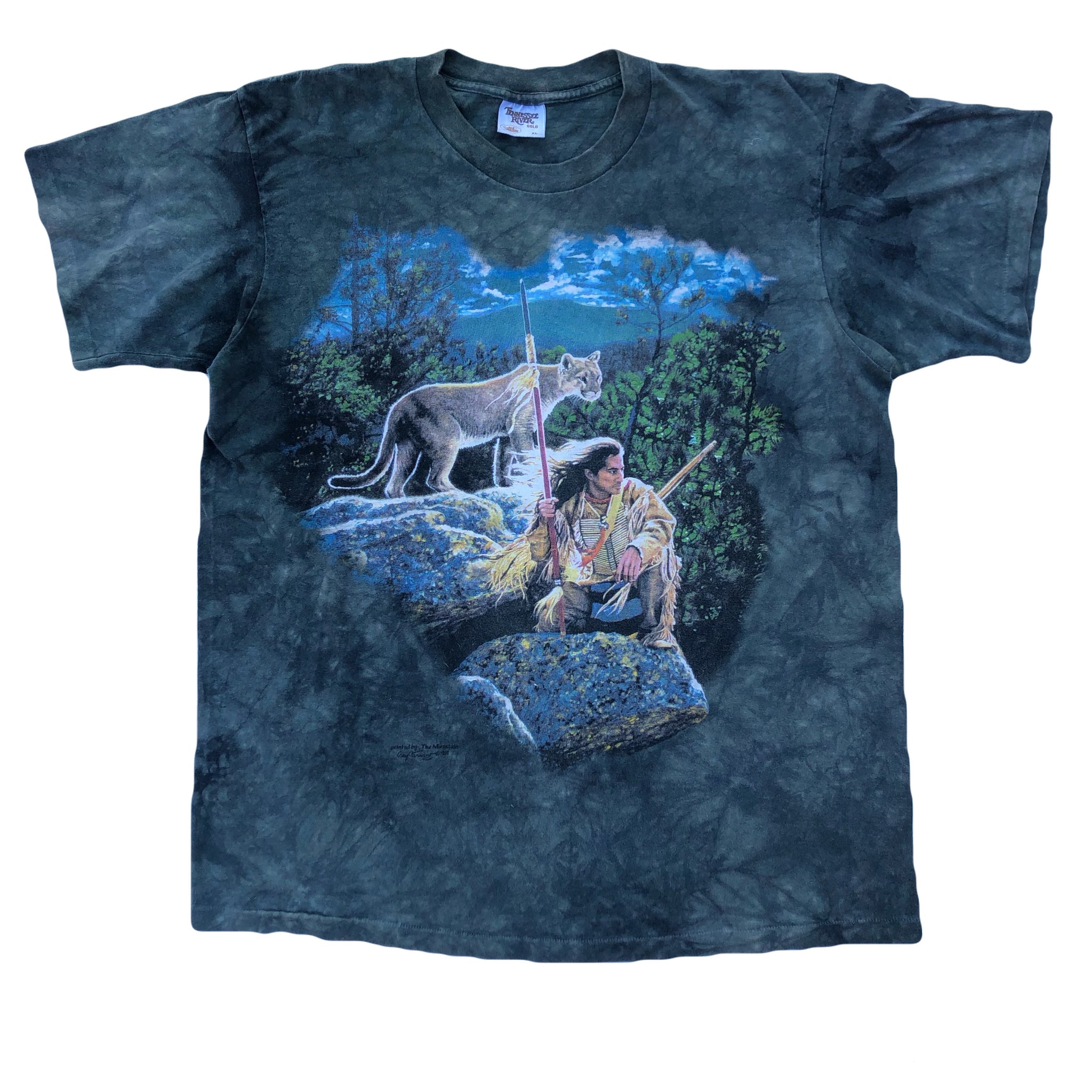 Vintage 90s Native American Mountain Lion Tie Dye Single Stitch Shirt | Beyond 94