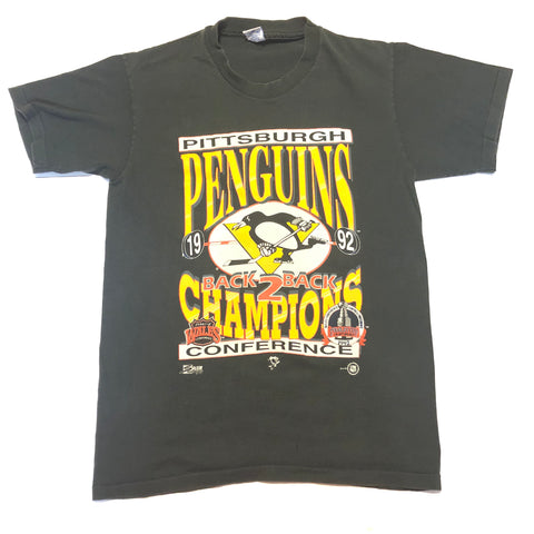 1992 Single Stitch Pittsburgh Penguins Back 2 Back Shirt Black Size Large - Beyond 94