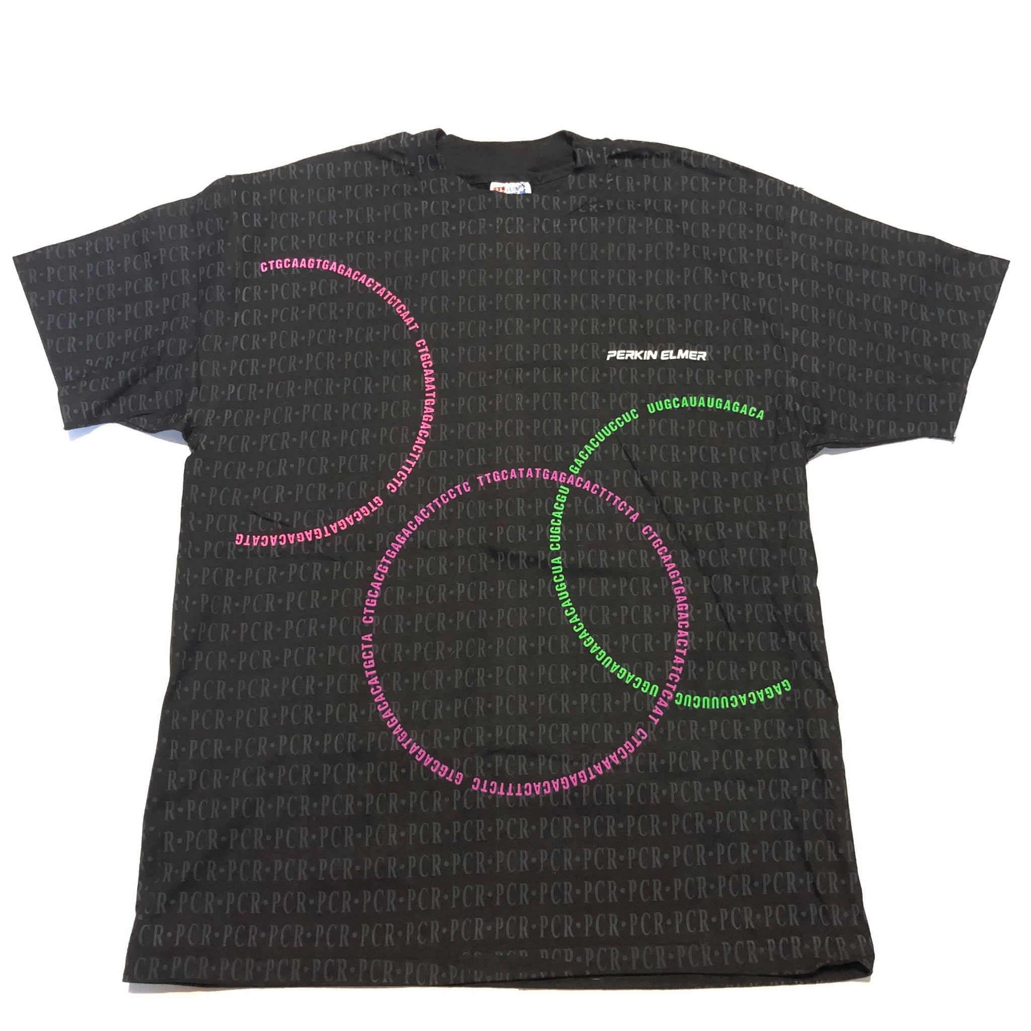 Vintage 90s Single Stitch Perkin Elmer All Over Print Shirt Black Size Large - Beyond 94
