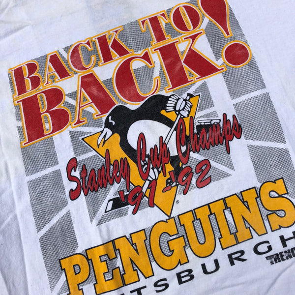 1992 Single Stitch Pittsburgh Penguins Back 2 Back Shirt White Size Large - Beyond 94