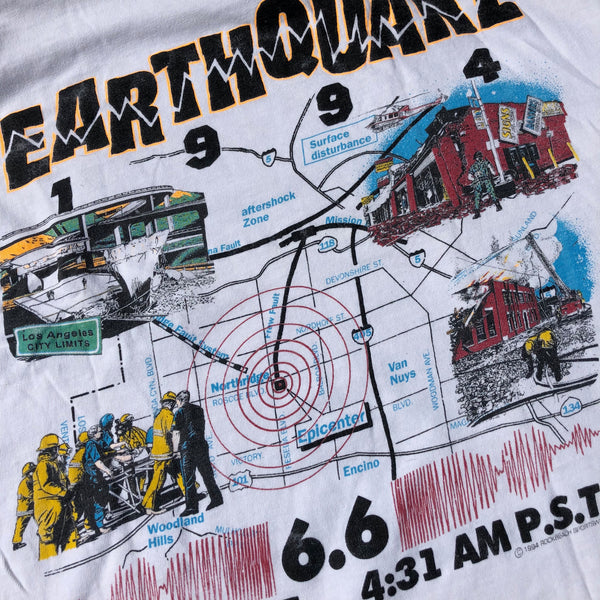 1994 Single Stitch L.A. Earthquake Shirt White Size X-Large - Beyond 94