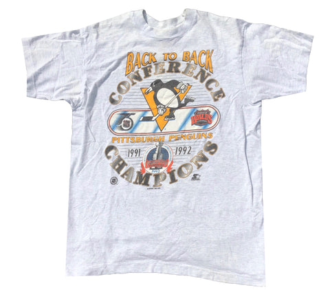 1992 Single Stitch Pittsburgh Penguins Back 2 Back Shirt Grey Size Large - Beyond 94