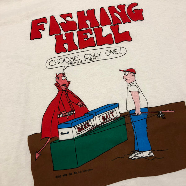 1995 Single Stitch Fishing Hell Shirt White Size X-Large - Beyond 94