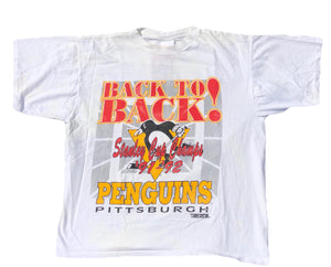 1992 Single Stitch Pittsburgh Penguins Back 2 Back Shirt White Size Large - Beyond 94